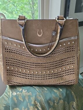 U.S. Polo Assn. Tan Laser-Cut Studded Tote Bag